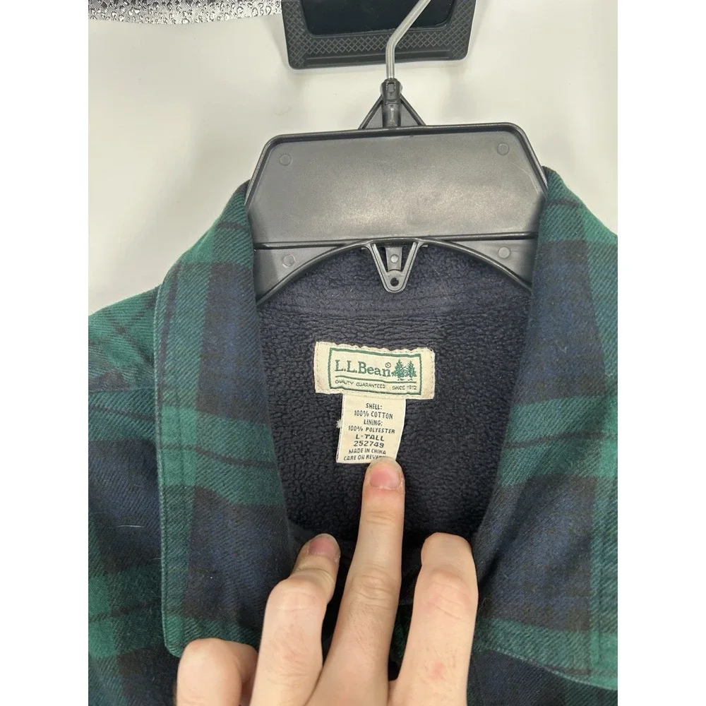 LL Bean Flannel Button Up Shirt Fleece Lined Green Navy Blue‎ Size Large Tall LT